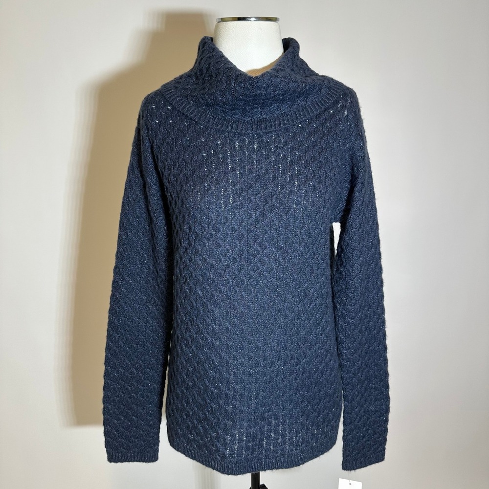 NWT Sonoma Womens Navy Blue Chunky Wave Knit Cowl Neck Sweater Medium Metallic